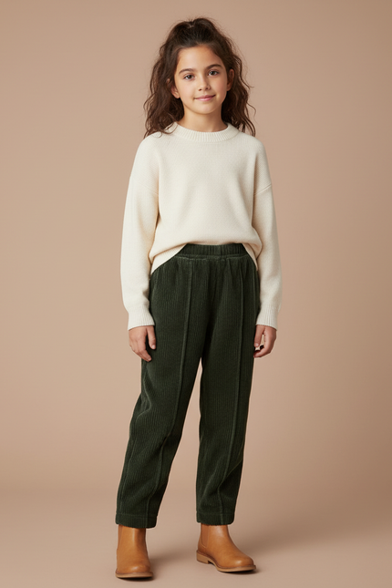 Pantalon Velours Vert Côtelé Ample Élastique Enfant - Cordé