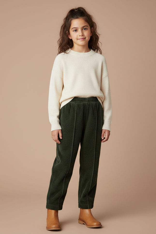 Pantalon Velours Vert Côtelé Ample Élastique Enfant - Cordé