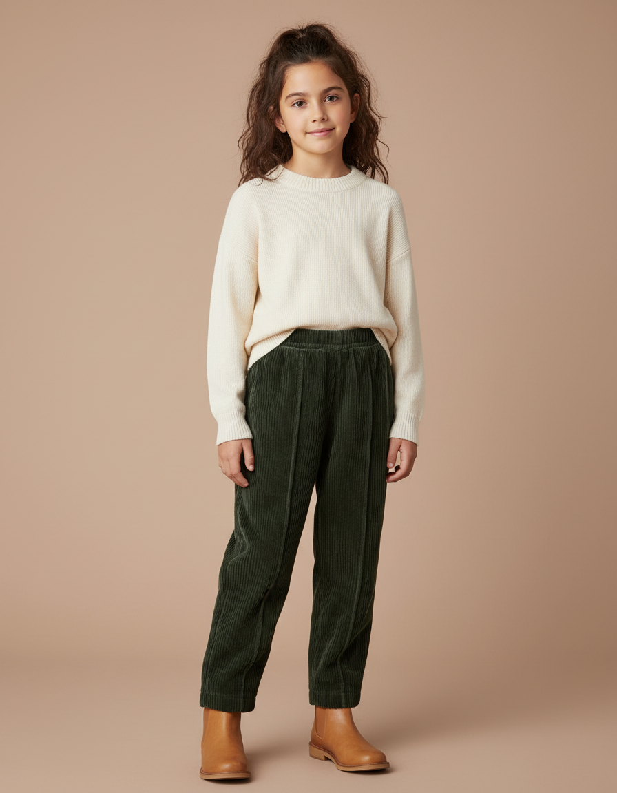 Pantalon Velours Vert Côtelé Ample Élastique Enfant - Cordé