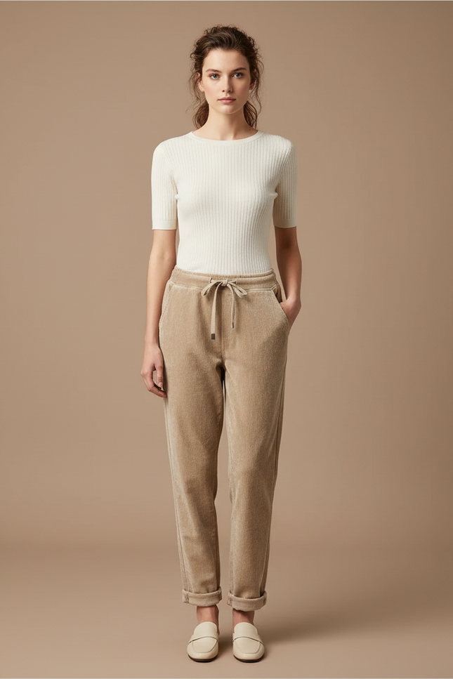 Pantalon Velours Beige Ample Décontracté Cordon