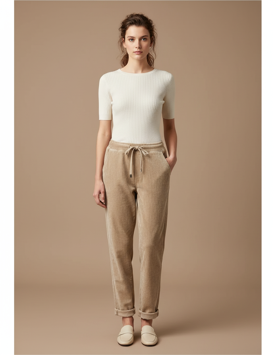 Pantalon Velours Beige Ample Décontracté Cordon