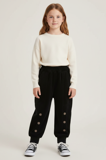 Pantalon Velours Noir Côtelé Ample Boutons Enfant - Cordé