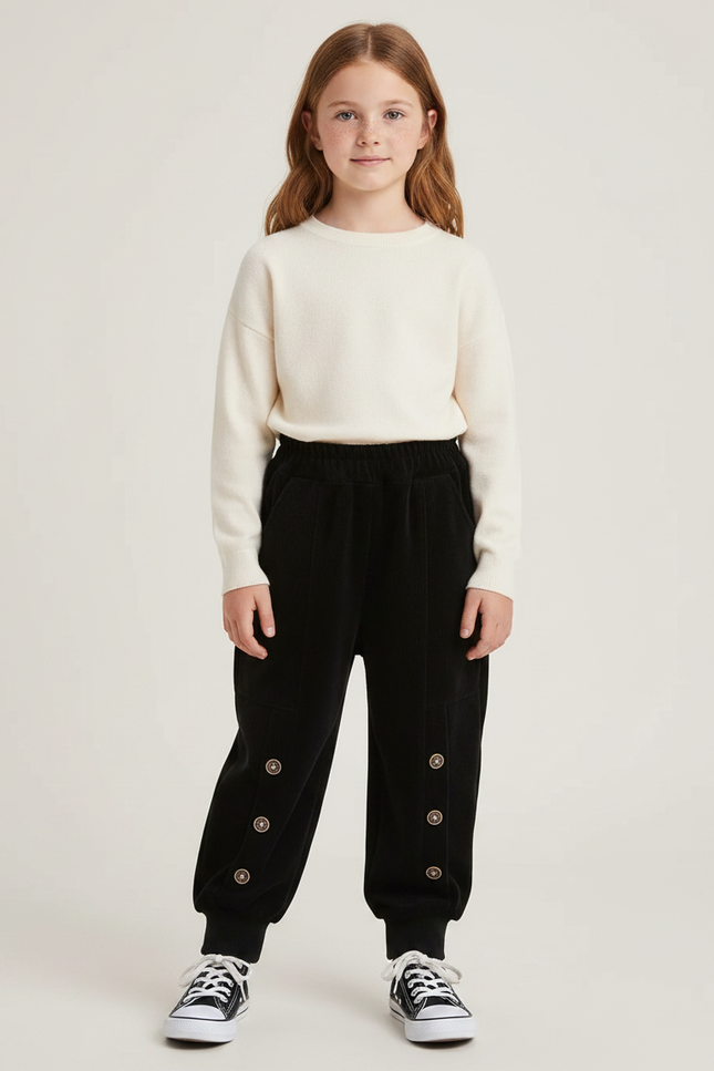 Pantalon Velours Noir Côtelé Ample Boutons Enfant - Cordé