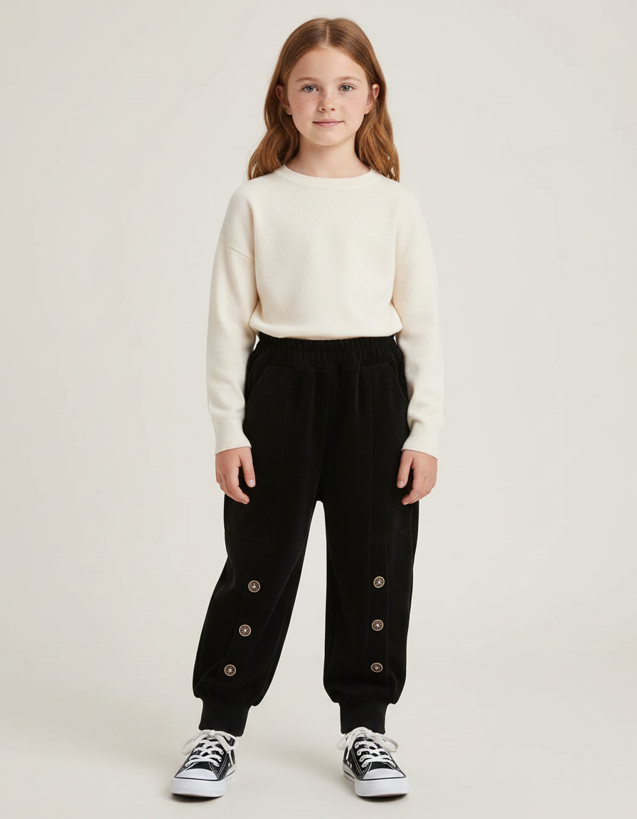 Pantalon Velours Noir Côtelé Ample Boutons Enfant - Cordé