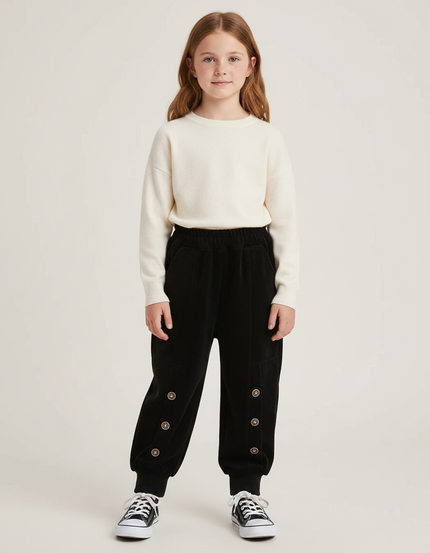 Pantalon Velours Noir Côtelé Ample Boutons Enfant - Cordé