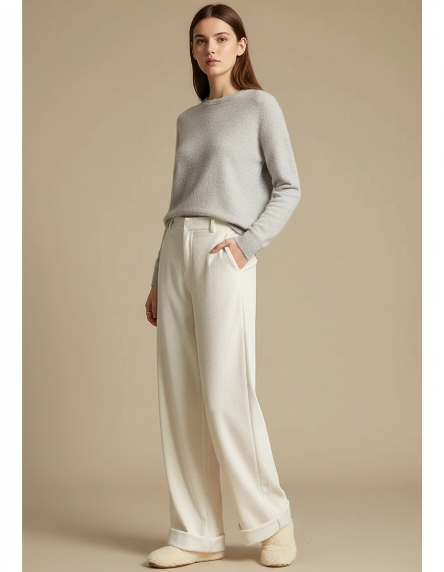 Pantalon Velours Écru Large Décontracté Femme - Beige