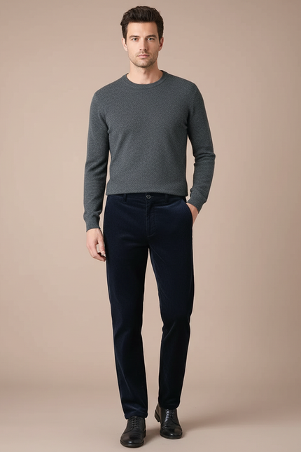 Pantalon Velours Côtelé Bleu Marine Droit Homme - Cordé