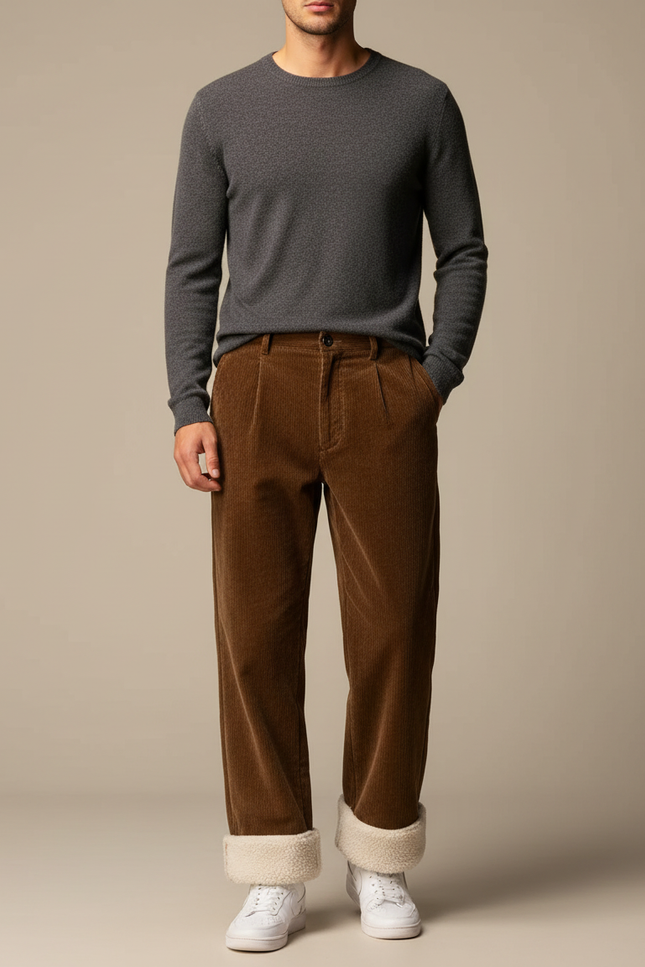 Pantalon Velours Marron Côtelé Doublé Chaud Homme - Cordé
