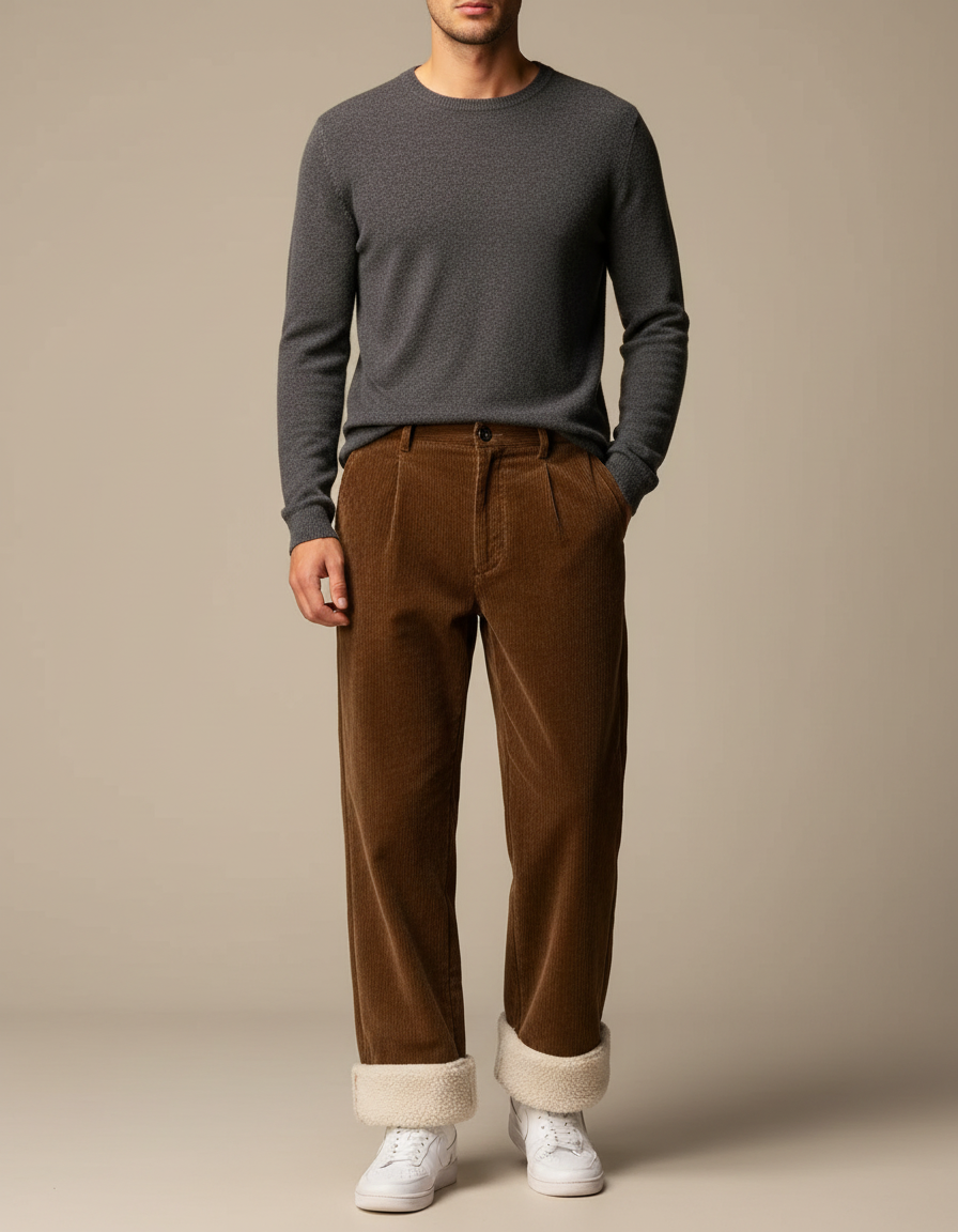 Pantalon Velours Marron Côtelé Doublé Chaud Homme - Cordé