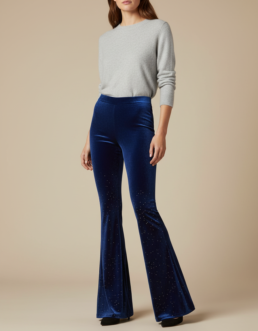 Pantalon Velours Bleu Évasé Brillant Femme Élégant