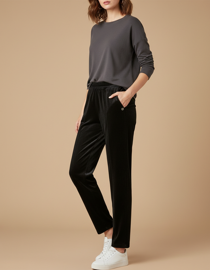 Pantalon Velours Noir Coupe Droite Décontracté Femme