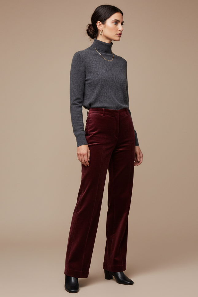 Pantalon Velours Bordeaux Coupe Droite Élégant Femme - Cordé