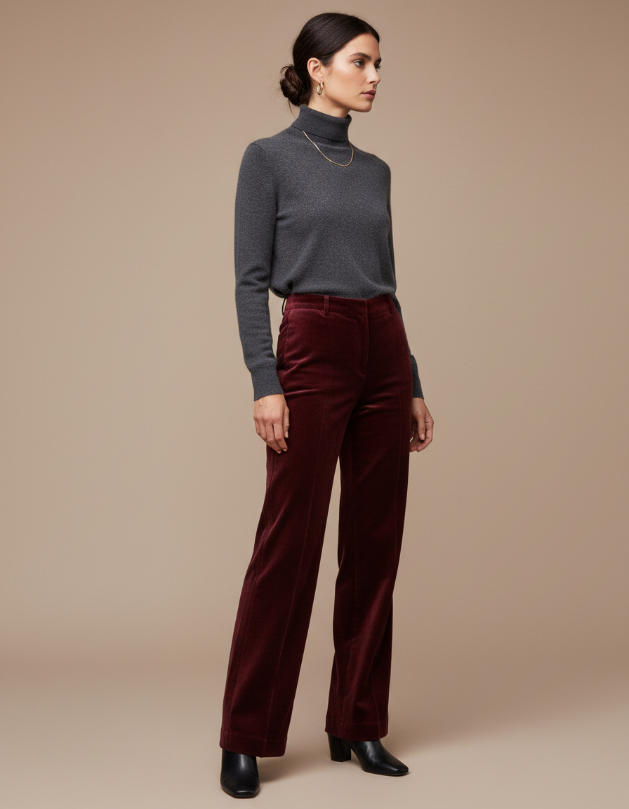 Pantalon Velours Bordeaux Coupe Droite Élégant Femme - Cordé