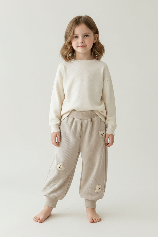Pantalon Velours Beige Côtelé Ample Brodé Ours Enfant - Cordé