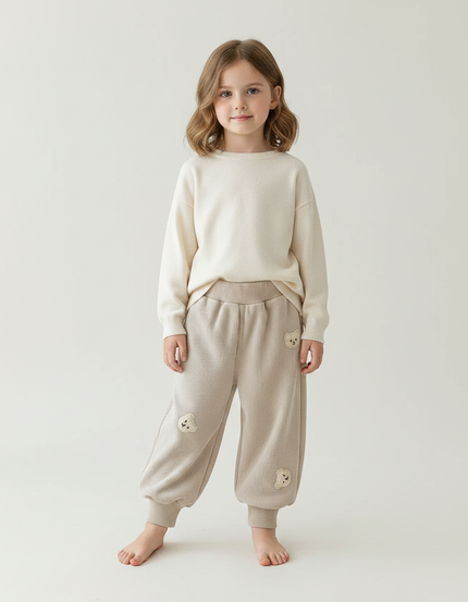 Pantalon Velours Beige Côtelé Ample Brodé Ours Enfant - Cordé