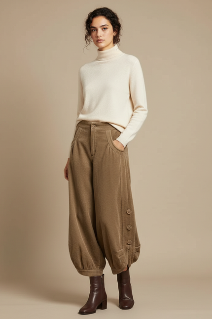 Pantalon Velours Côtelé Marron Ample Vintage Femme - Cordé