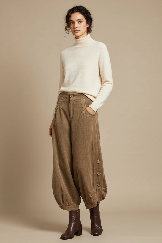 Pantalon Velours Côtelé Marron Ample Vintage Femme - Cordé