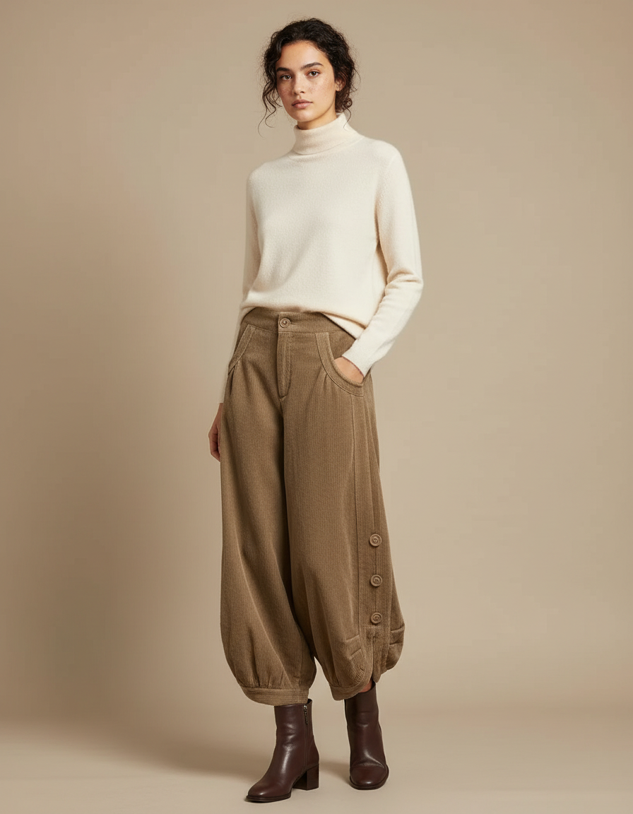 Pantalon Velours Côtelé Marron Ample Vintage Femme - Cordé