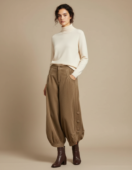 Pantalon Velours Côtelé Marron Ample Vintage Femme - Cordé