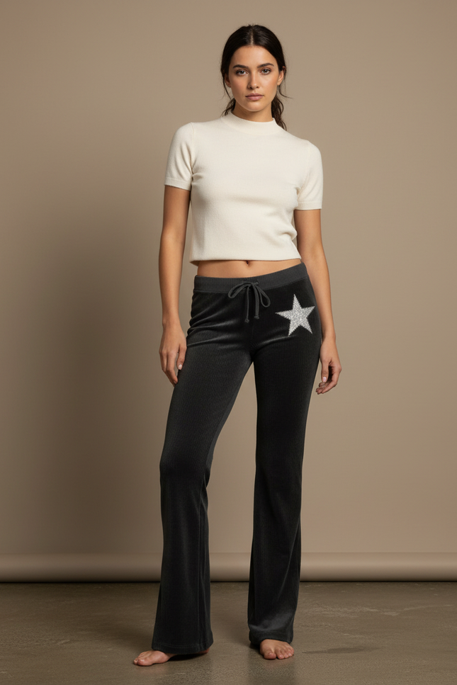 Pantalon Velours Côtelé Gris Étoile Évasé Femme - Cordé