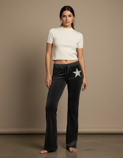 Pantalon Velours Côtelé Gris Étoile Évasé Femme - Cordé