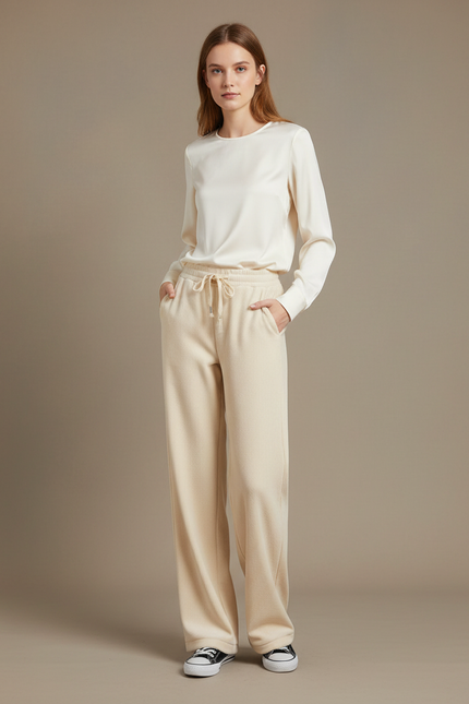 Pantalon Velours Femme Beige Large - Cordé