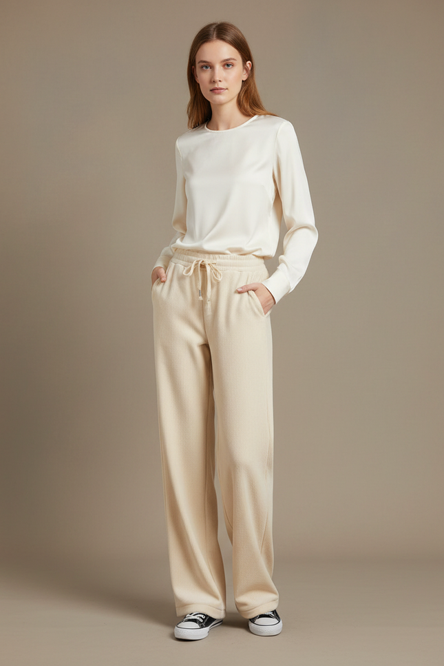 Pantalon Velours Femme Beige Large - Cordé