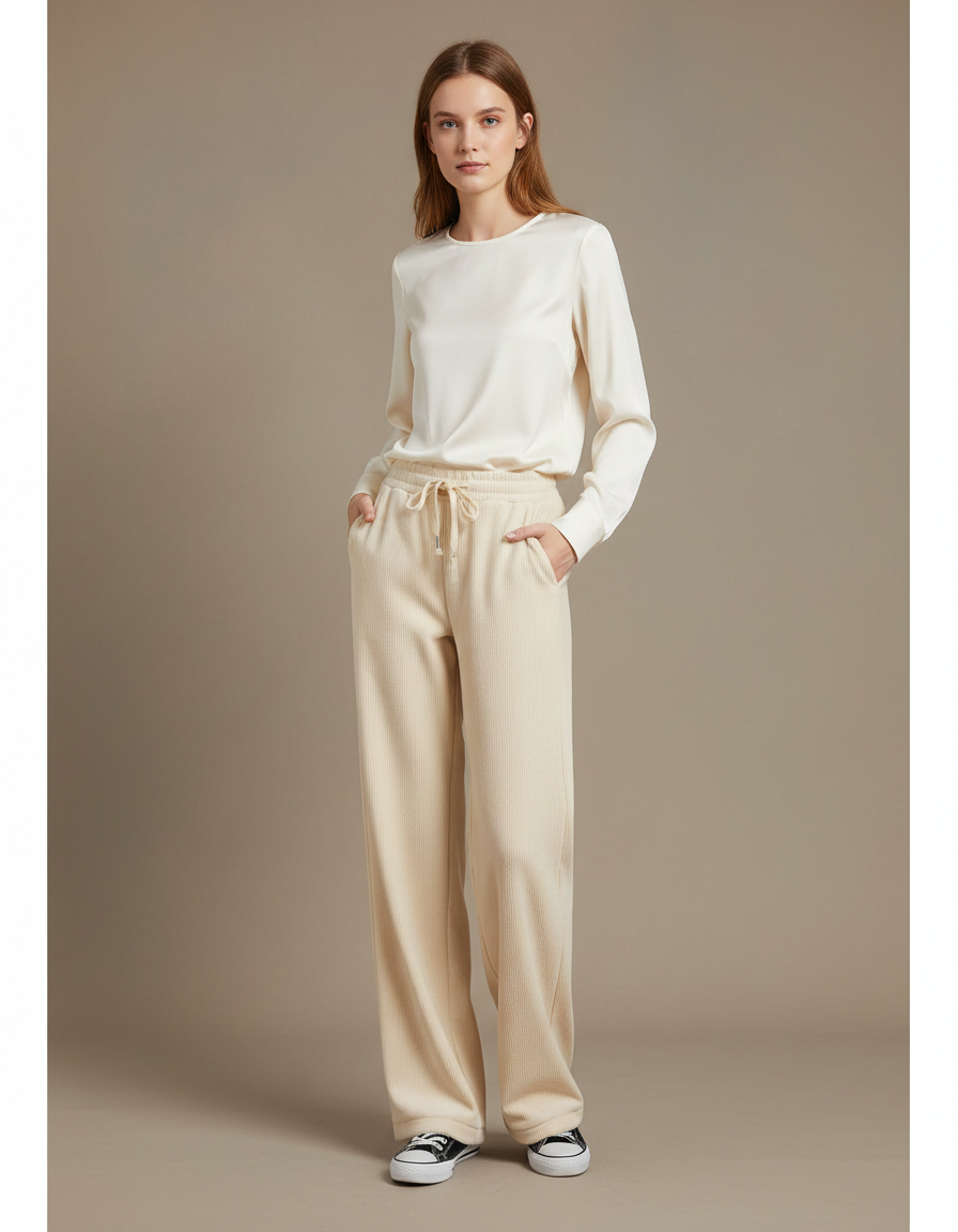 Pantalon Velours Femme Beige Large - Cordé