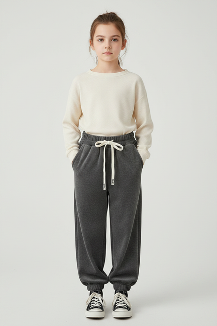 Pantalon Velours Gris Enfant Ample Cordon Décontracté - Molleton