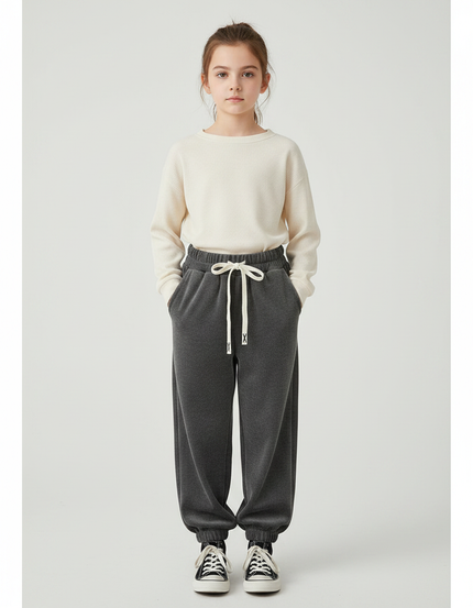 Pantalon Velours Gris Enfant Ample Cordon Décontracté - Molleton