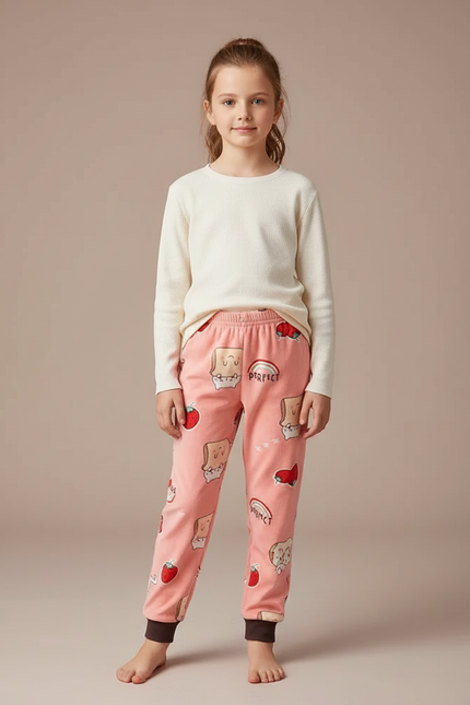 Pantalon Velours Rose Motif Fraise Doux Enfant