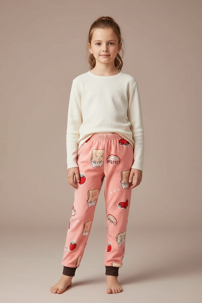Pantalon Velours Rose Motif Fraise Doux Enfant