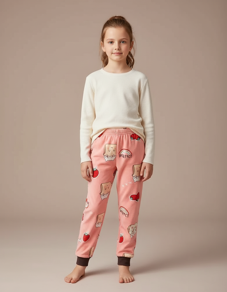 Pantalon Velours Rose Motif Fraise Doux Enfant