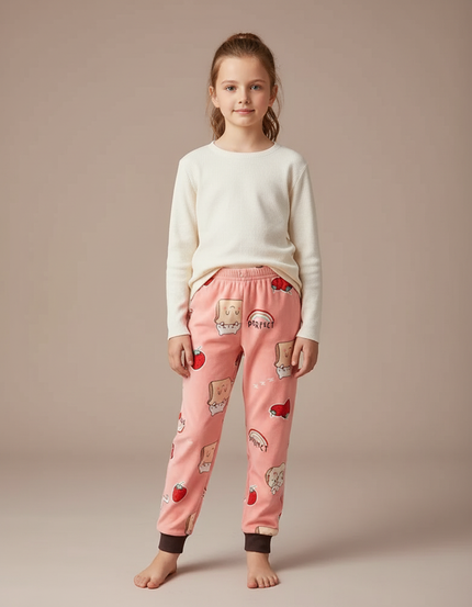 Pantalon Velours Rose Motif Fraise Doux Enfant