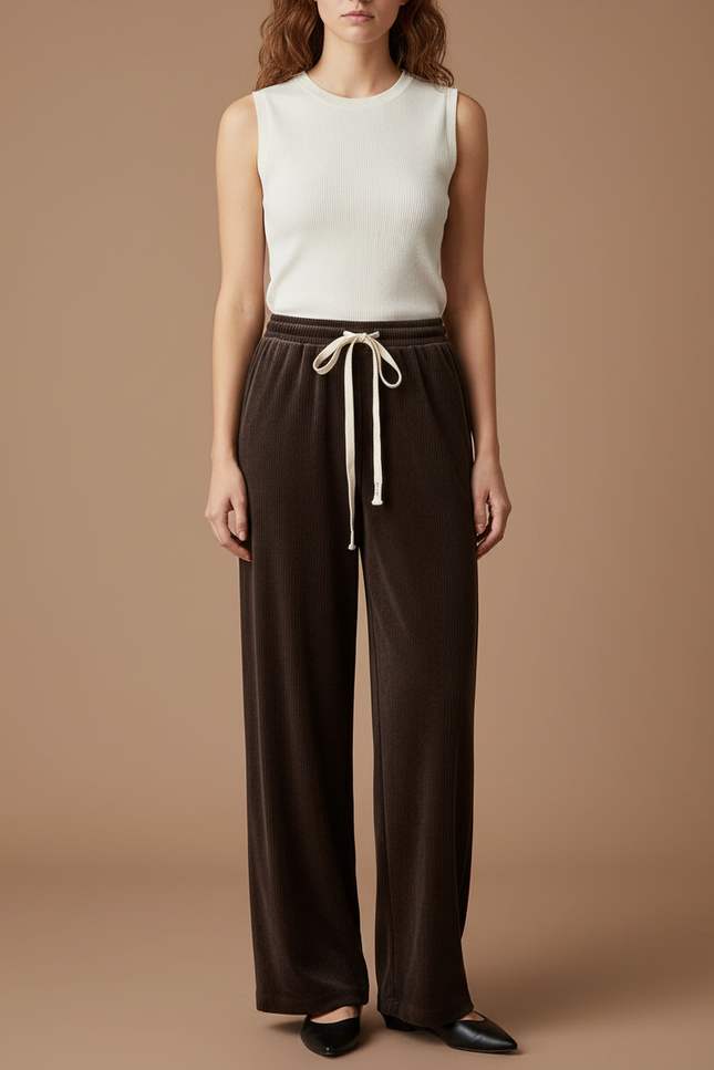 Pantalon Velours Côtelé Marron Large Décontracté Femme - Cordé