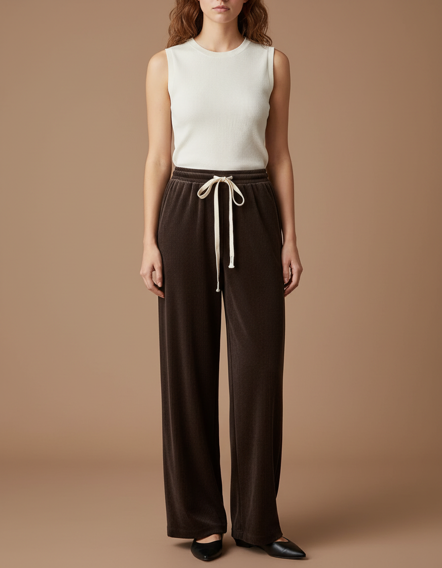 Pantalon Velours Côtelé Marron Large Décontracté Femme - Cordé