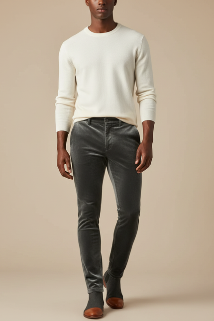 Pantalon Velours Gris Slim Homme Élégant Stretch
