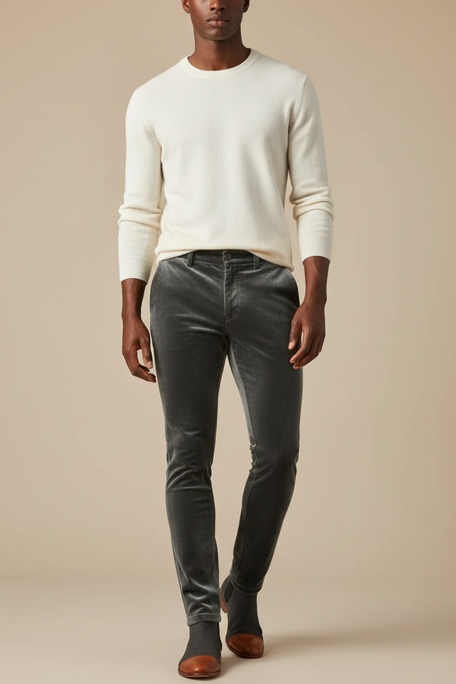 Pantalon Velours Gris Slim Homme Élégant Stretch