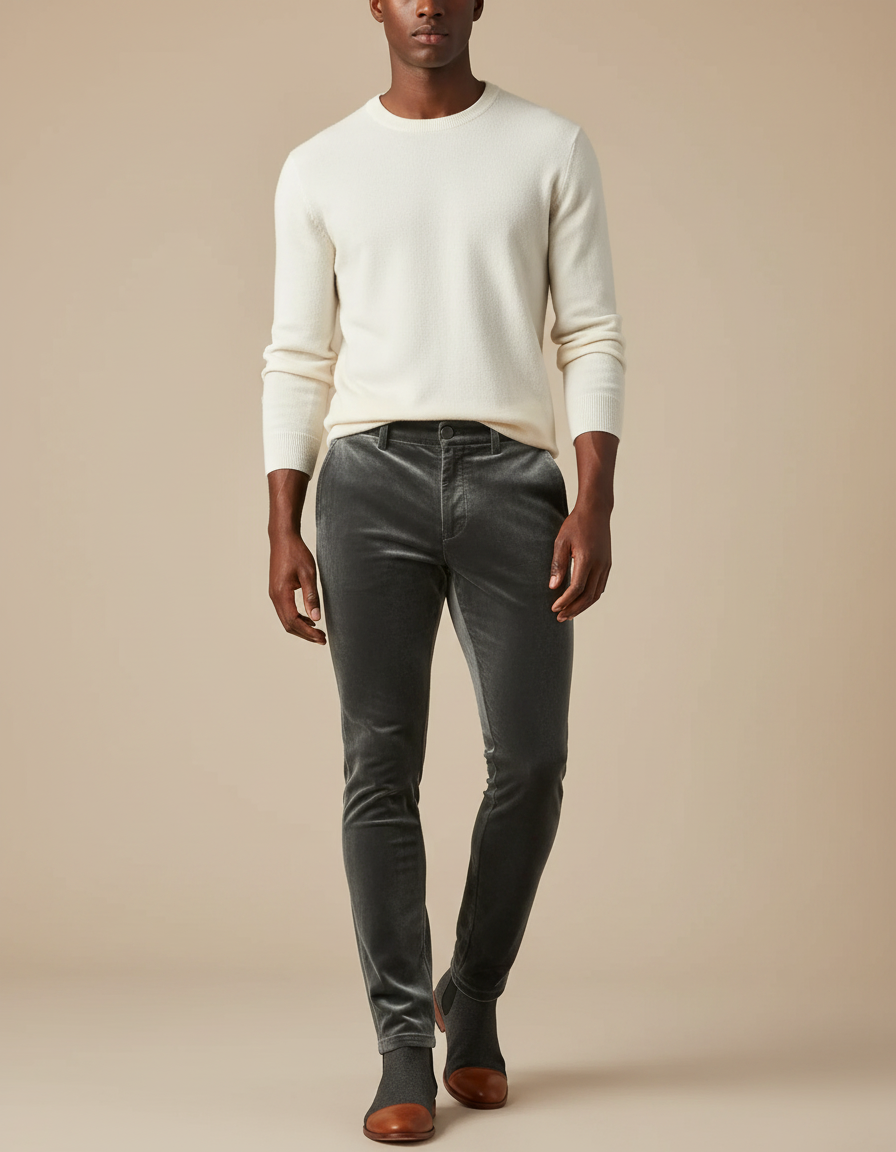 Pantalon Velours Gris Slim Homme Élégant Stretch