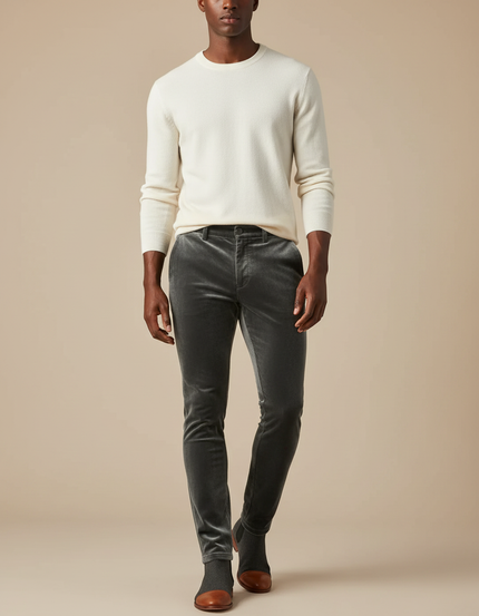 Pantalon Velours Gris Slim Homme Élégant Stretch
