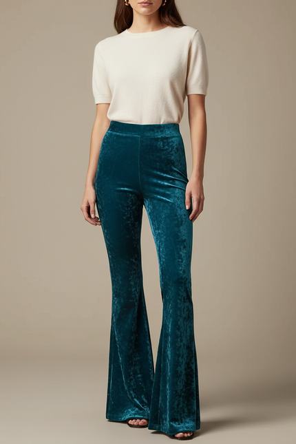 Pantalon Velours Évasé Vert Canard Taille Haute