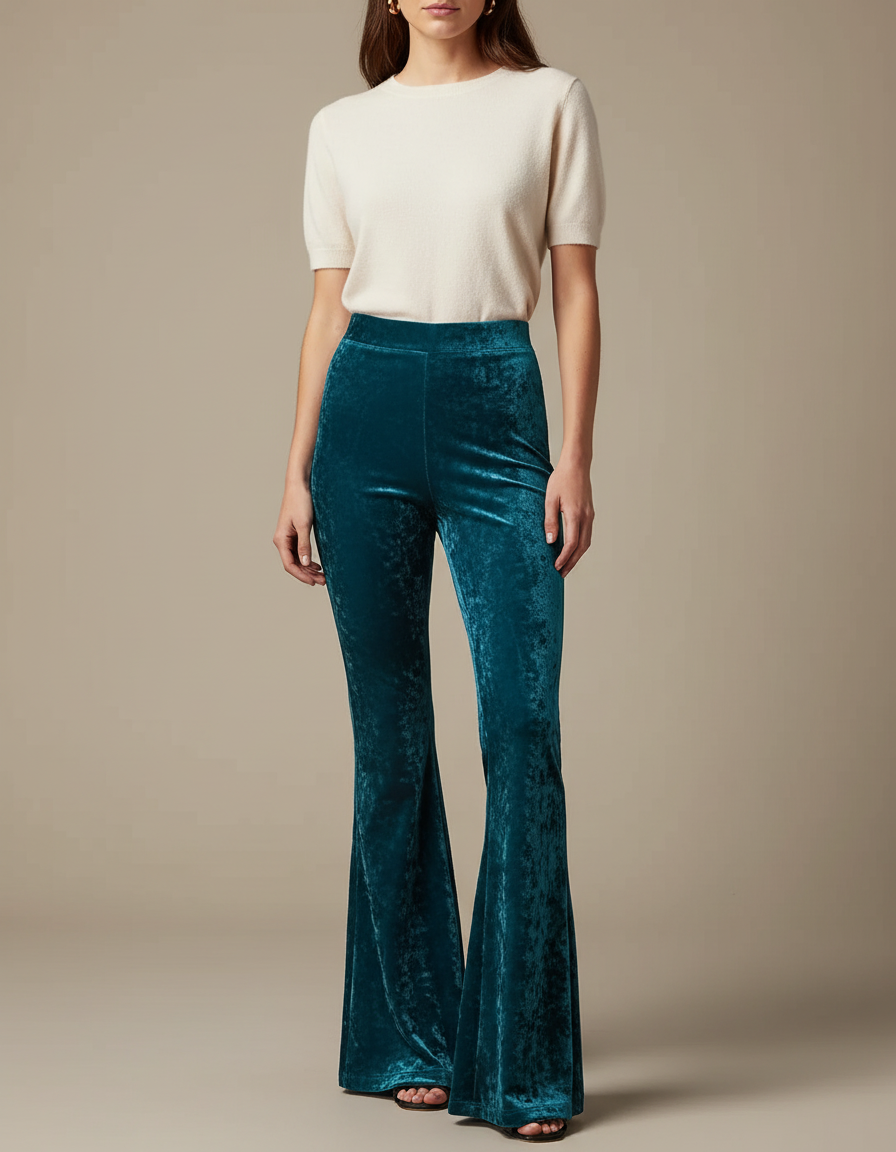 Pantalon Velours Évasé Vert Canard Taille Haute