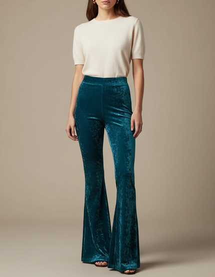 Pantalon Velours Évasé Vert Canard Taille Haute