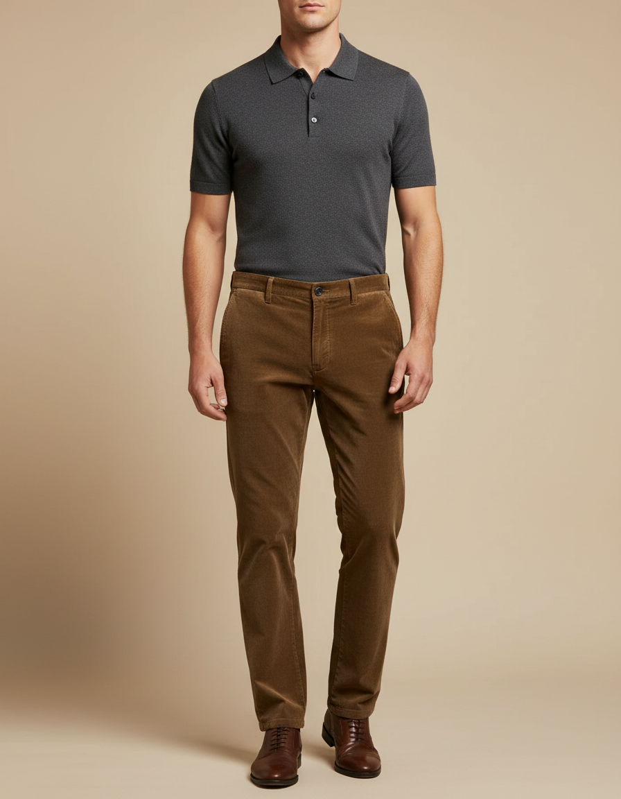 Pantalon Velours Homme Marron Droit Côtelé Fin - Cordé
