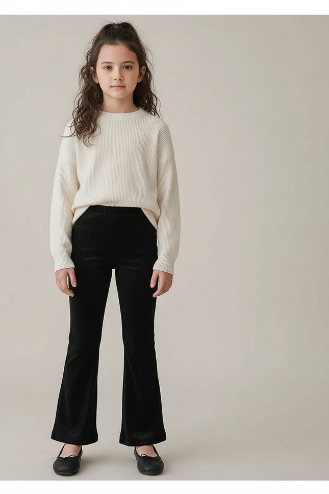Pantalon Velours Noir Côtelé Évasé Fille - Cordé