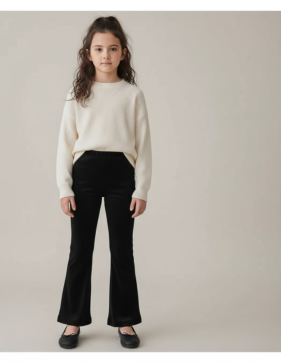 Pantalon Velours Noir Côtelé Évasé Fille - Cordé