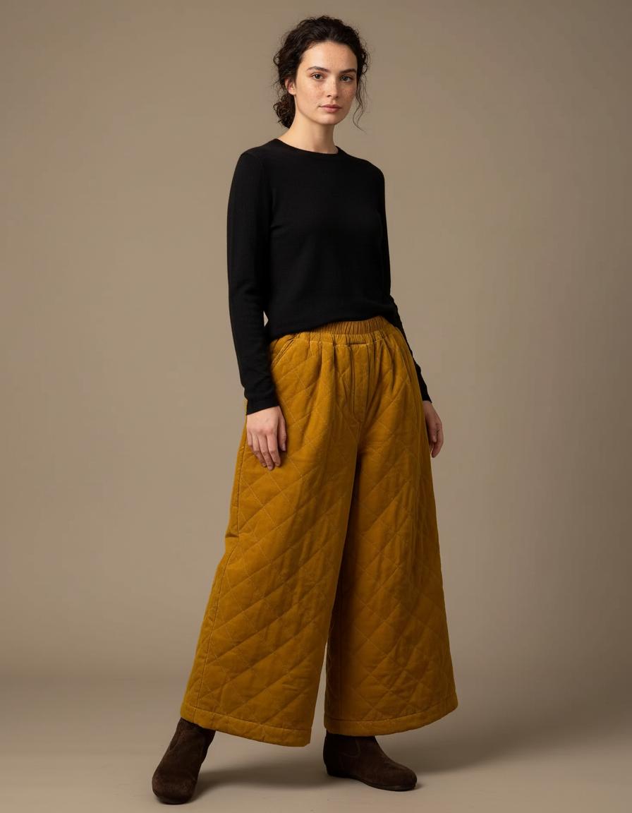 Pantalon Velours Jaune Ample Matelassé Hiver Femme