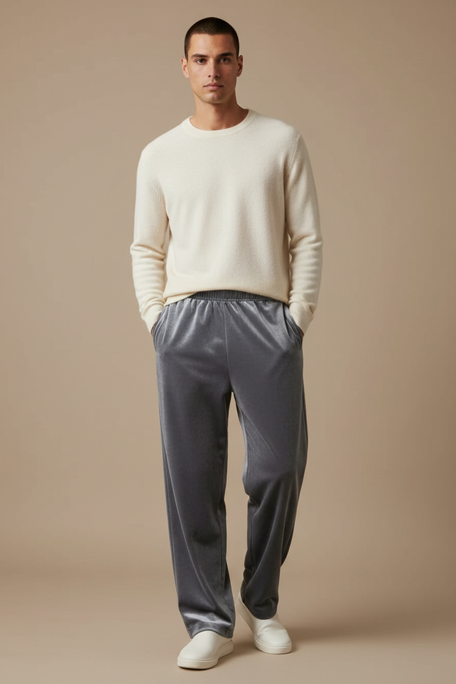Pantalon Velours Gris Droit Ample Décontracté Homme