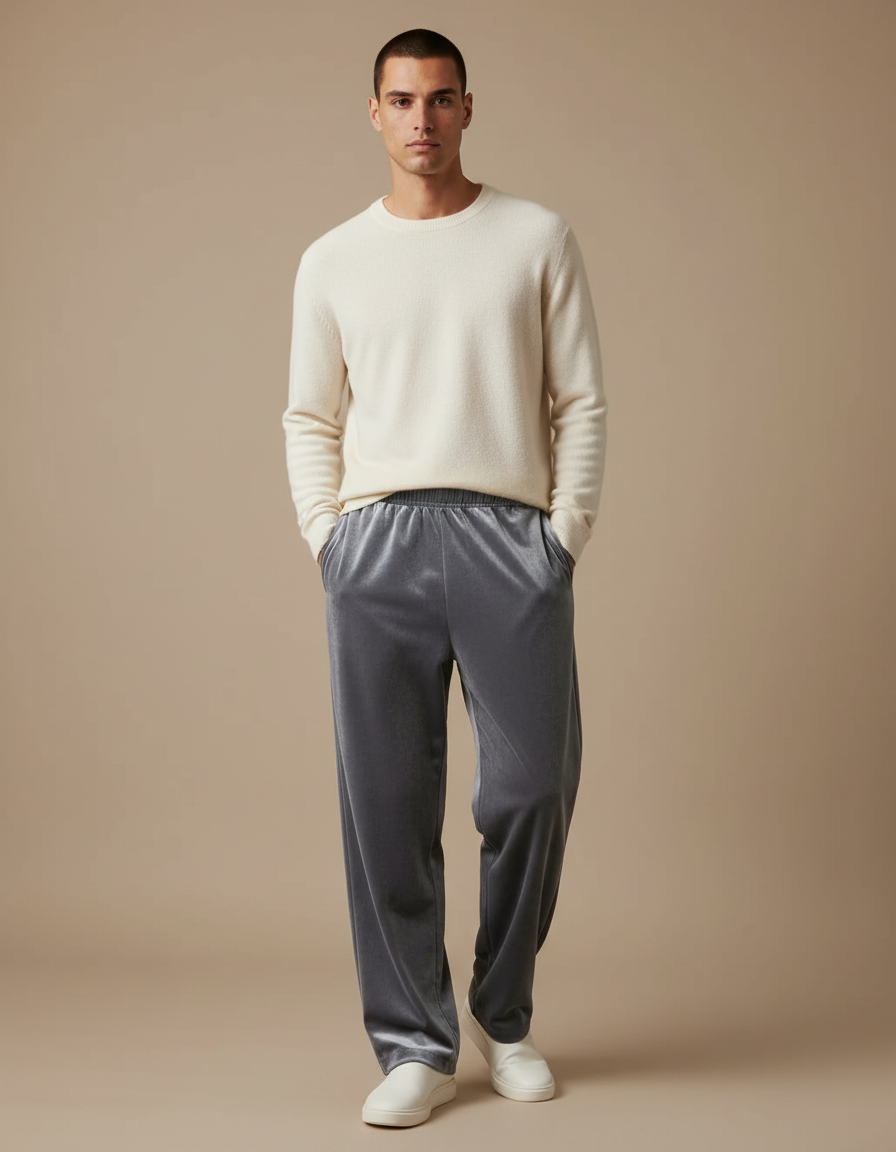 Pantalon Velours Gris Droit Ample Décontracté Homme