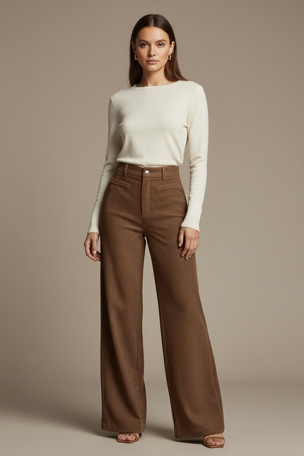Pantalon Velours Marron Côtelé Large Taille Haute Décontracté - Cordé